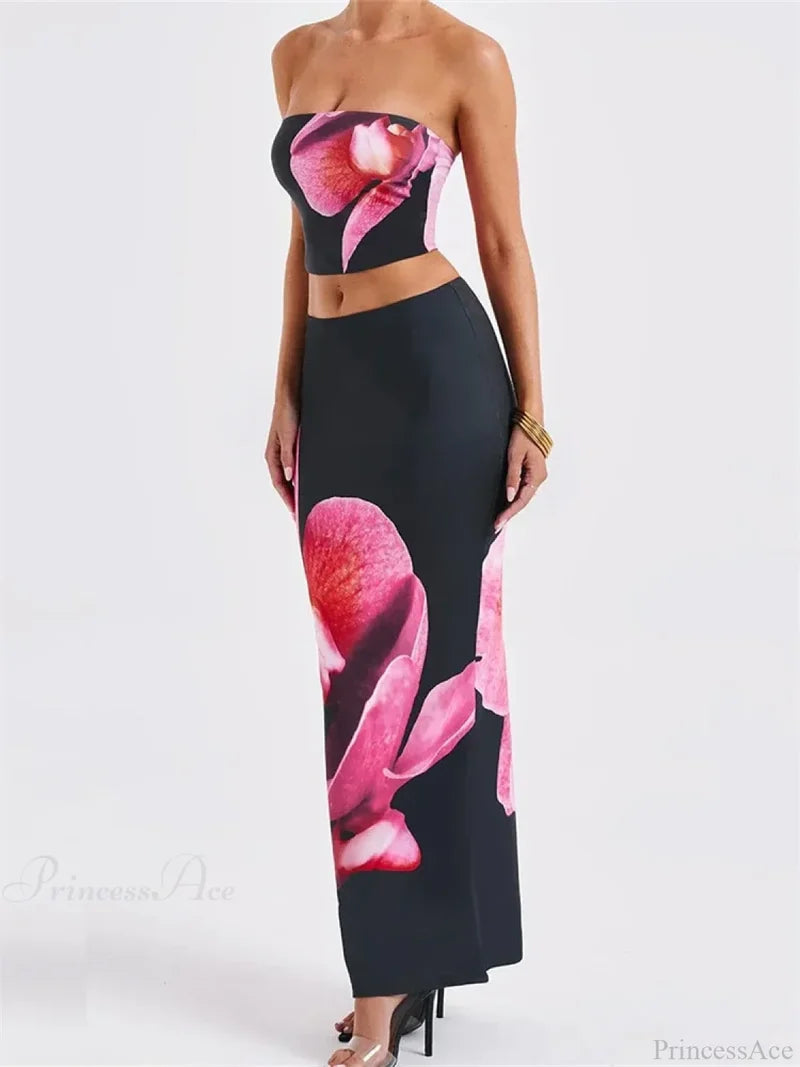 Sexy Floral Print Tube Top Elastic Waist Bodycon Skirt Set skirt-250126