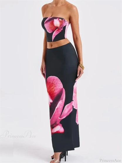 Sexy Floral Print Tube Top Elastic Waist Bodycon Skirt Set skirt-250126
