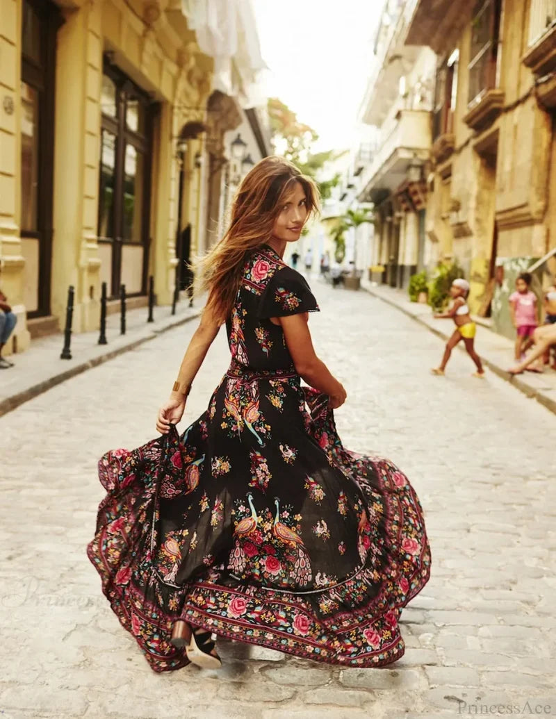 Sexy High Split Flare Sleeve Print Rayon Maxi Boho Dress Black / S bohodress-250126