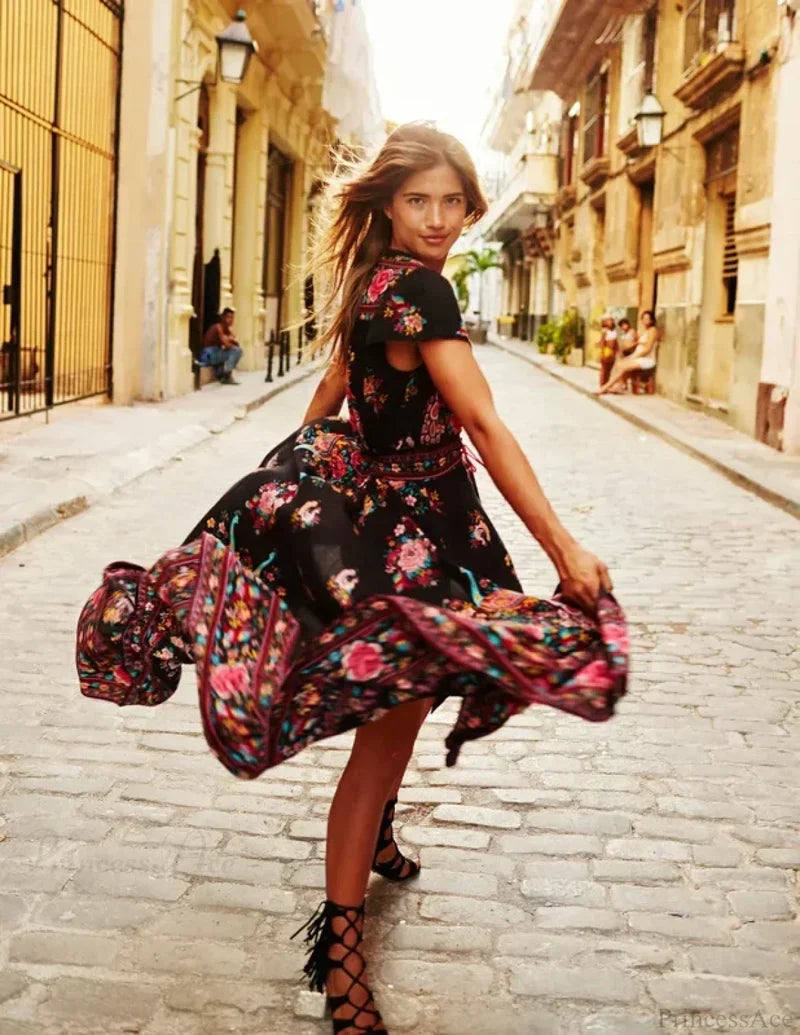 Sexy High Split Flare Sleeve Print Rayon Maxi Boho Dress bohodress-250126