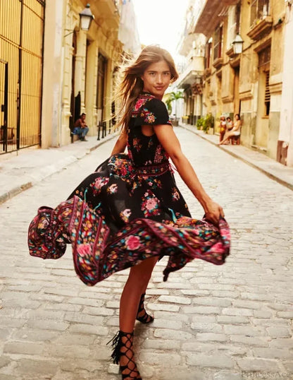 Sexy High Split Flare Sleeve Print Rayon Maxi Boho Dress bohodress-250126
