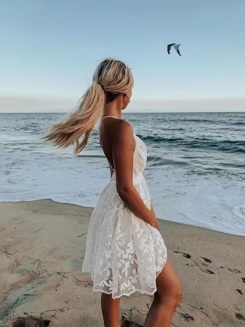 Sexy Spaghetti Strap White Embroidered Lace Floral Dress floraldress-250126