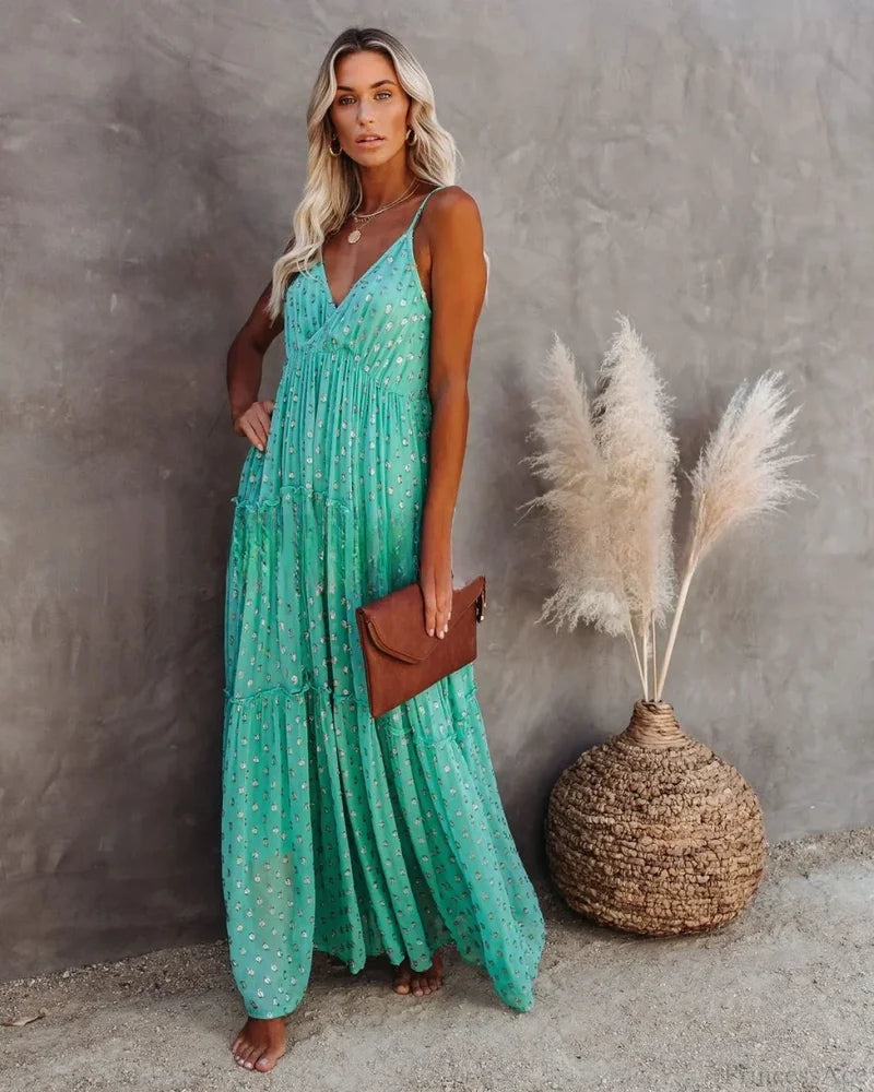 Sexy Split Big Hem Strapless Sleeveless Green Maxi Boho Dress bohodress-250126