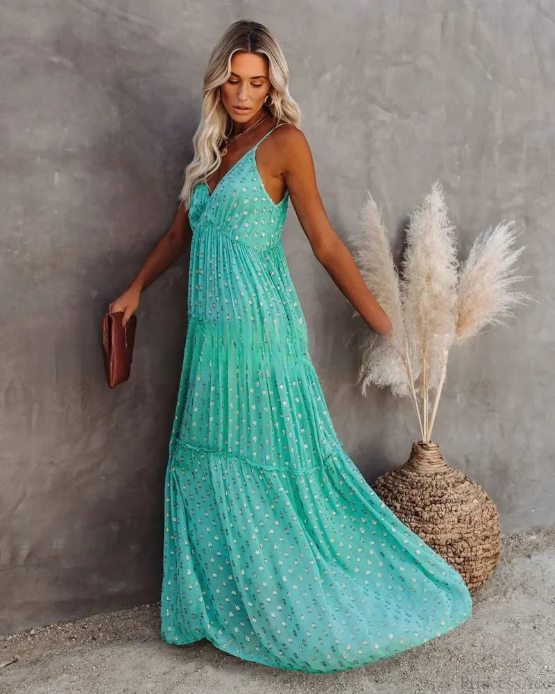 Sexy Split Big Hem Strapless Sleeveless Green Maxi Boho Dress bohodress-250126