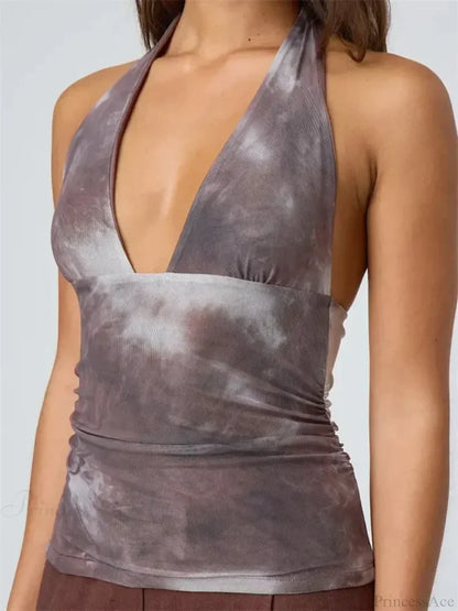 Sexy Tie-up Halter Tie-dye Ruched Crop Top GRAY / S croptop-250126