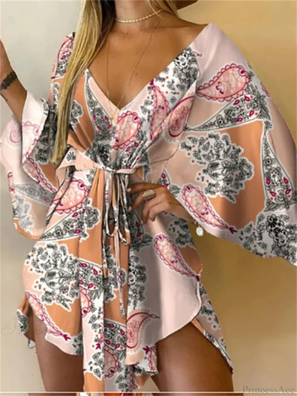 Sexy V-neck Bat Sleeve Bohemian Floral Beach Sundress oldfloraldress-250126