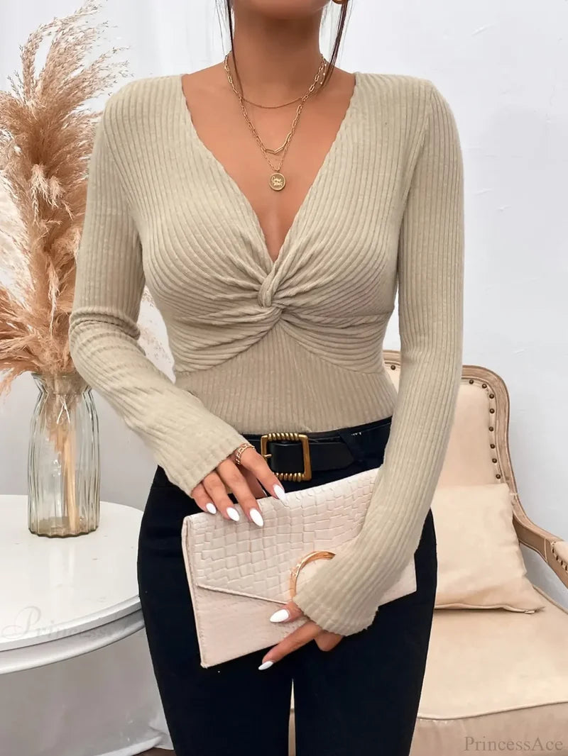 Sexy V-Neck Pleated Knotted Long Sleeve Knitted T-shirt Women knittop-250126