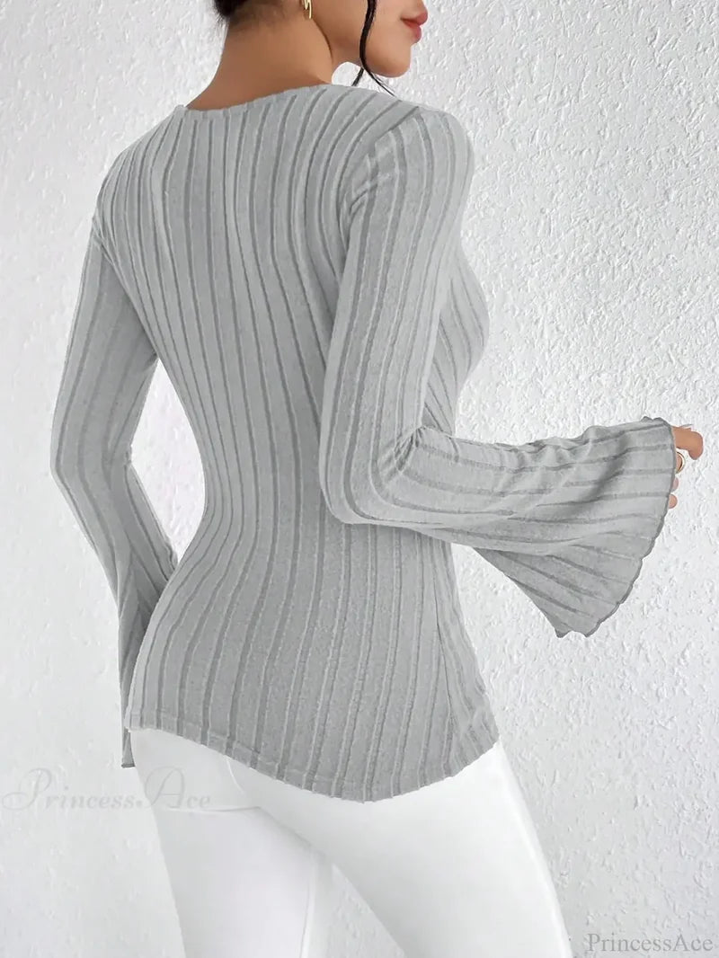 Sexy V-Neck Solid Color Slim Long Sleeve T-shirt Women knittop-250126