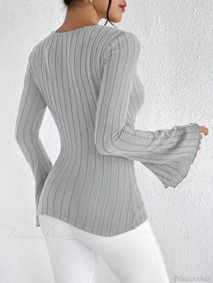 Sexy V-Neck Solid Color Slim Long Sleeve T-shirt Women knittop-250126