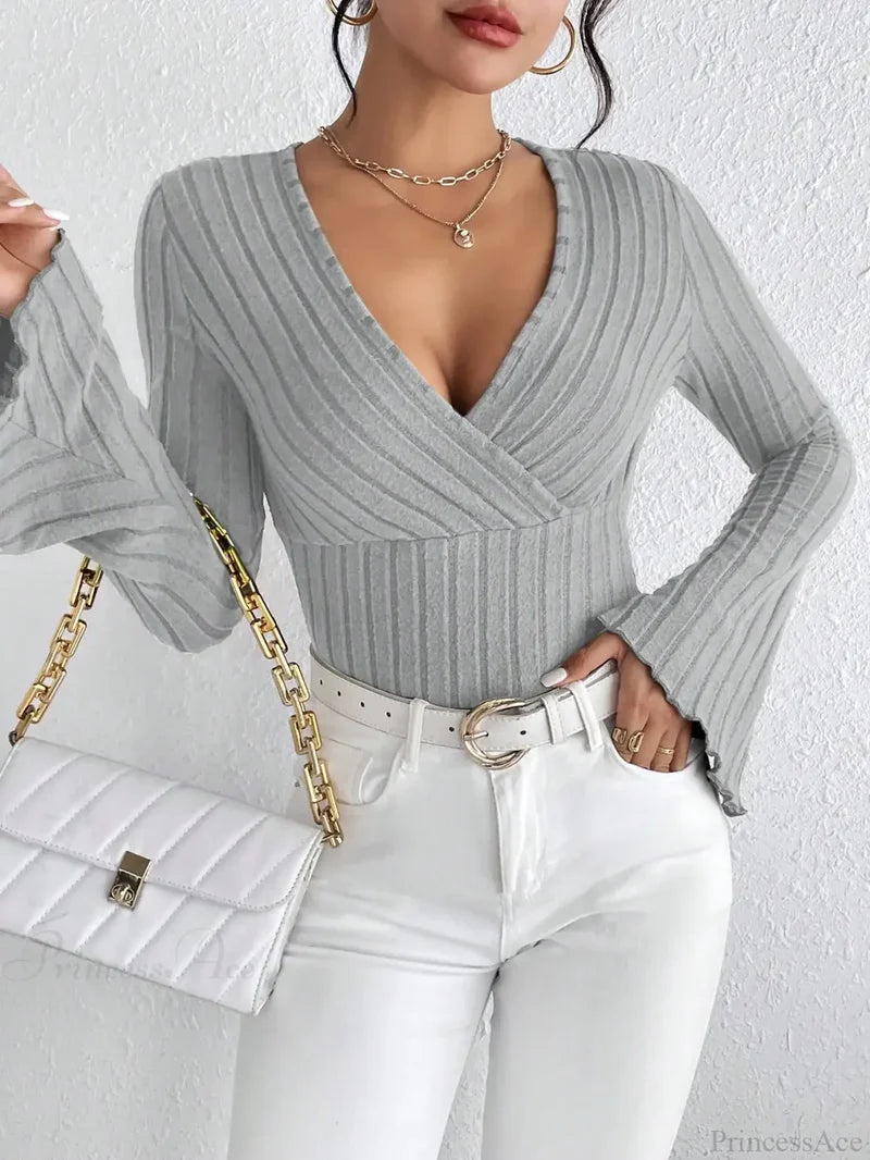 Sexy V-Neck Solid Color Slim Long Sleeve T-shirt Women knittop-250126