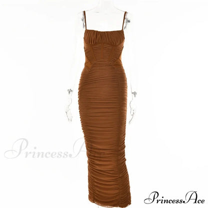 Sexy Warm-Season Strap Elegant Spaghetti Evening Woman Mesh Stretchy Party Gown Ruched Bodycon Long