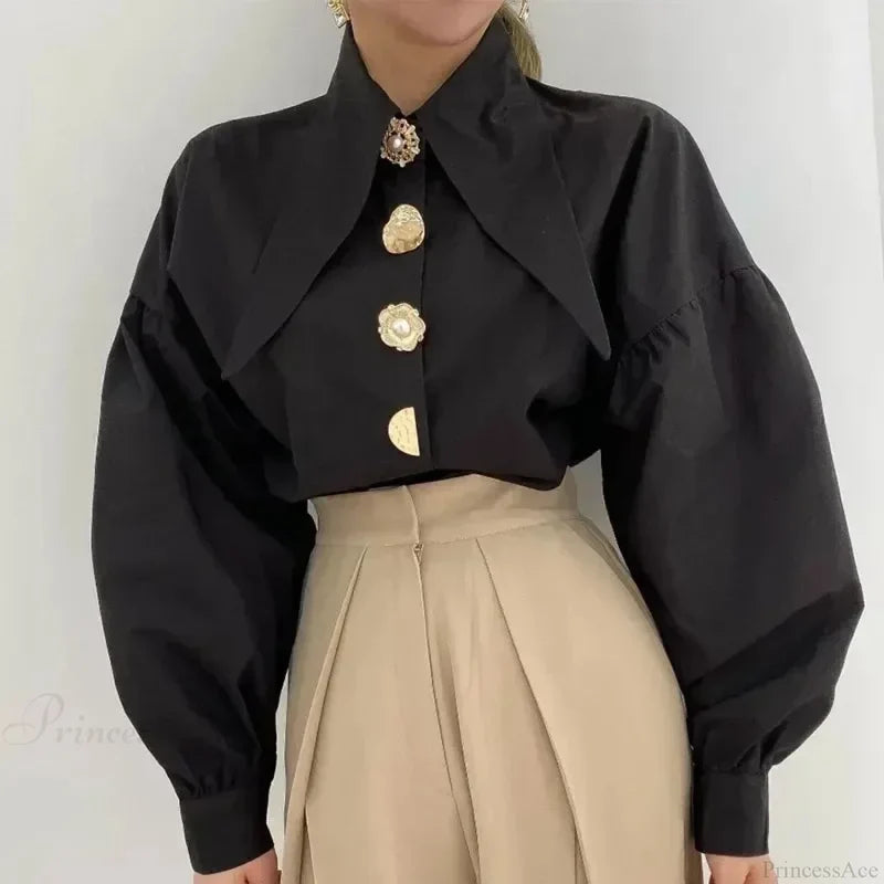 Sharp Corner Cotton Long Sleeve Office Blouse Black / S blouse-250126