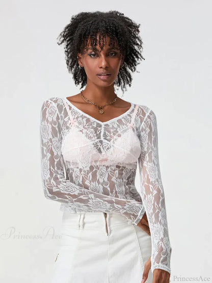 Sheer Lace Long Sleeve V-neck Mesh Crop T-shirt croptop-250126