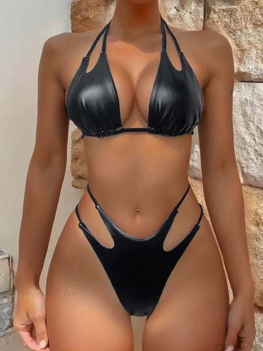 Shiny Halter High Cut Bikini Set Black / S