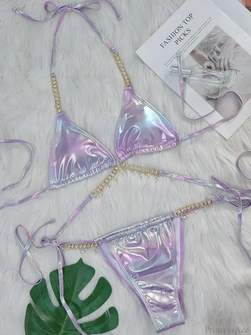 Shiny PU Leather Wrap Around Diamond Bikini Set Purple / S