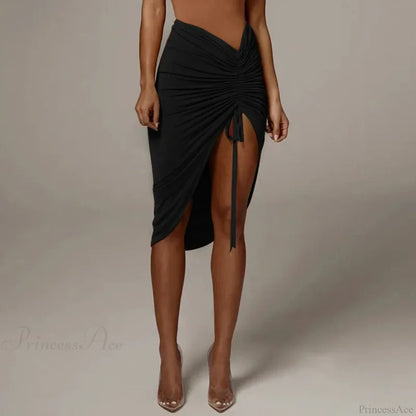 Shirring Pleated Wrap Hip Skirt Black / S