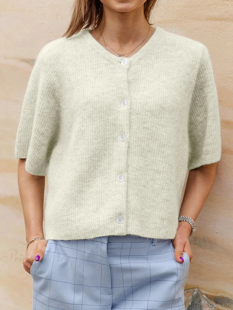 Short Sleeve Round Neck Button-Down Cardigan yellow / S