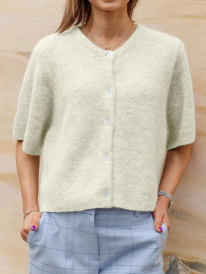 Short Sleeve Round Neck Button-Down Cardigan yellow / S