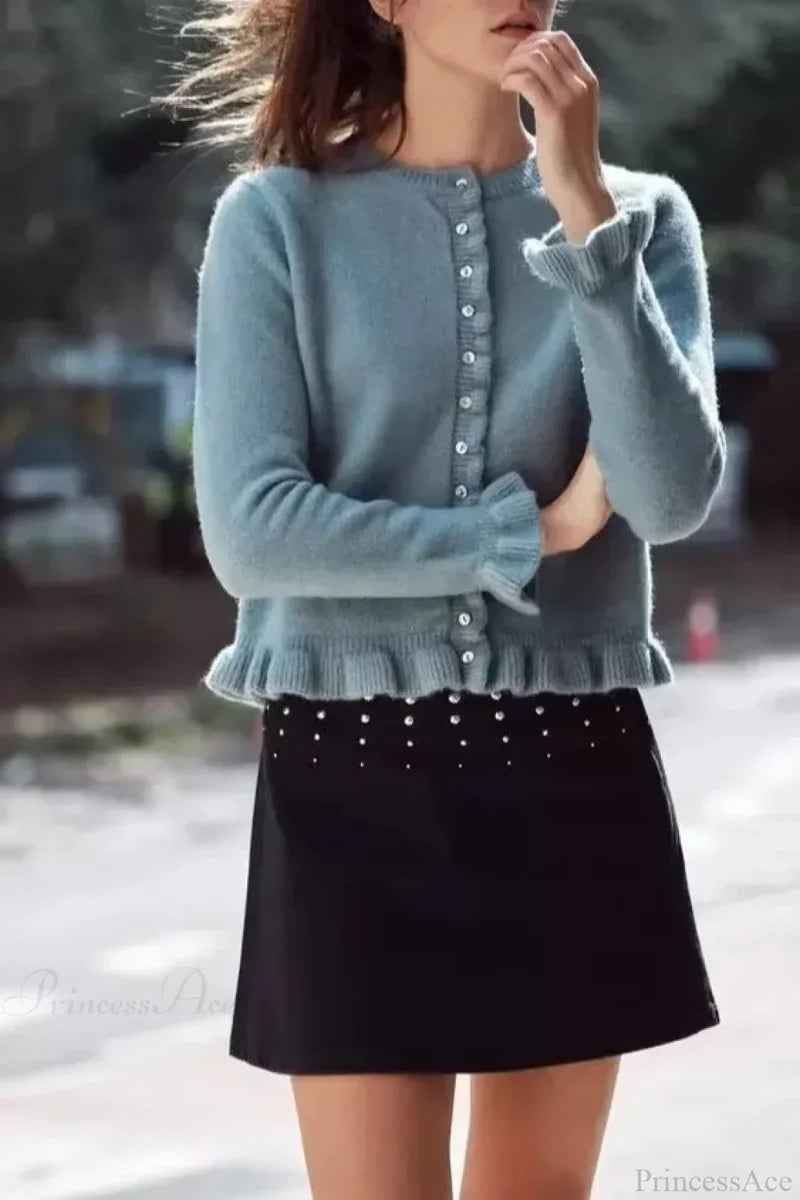 Single Breasted Ruffled Round Neck Cardigan Blue / S