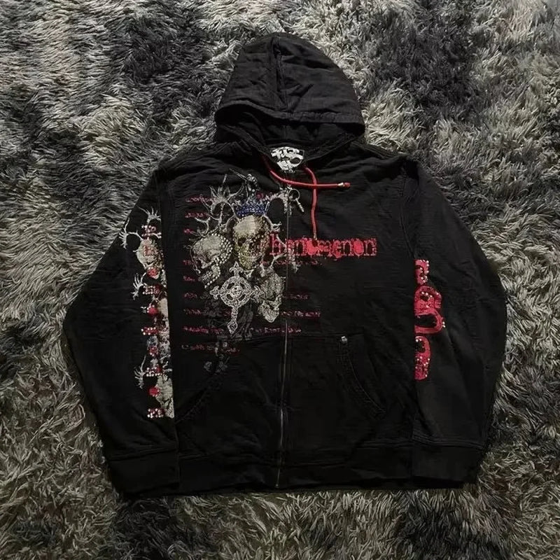 Skull Print Zipper Casual Hoodie black 3 / S