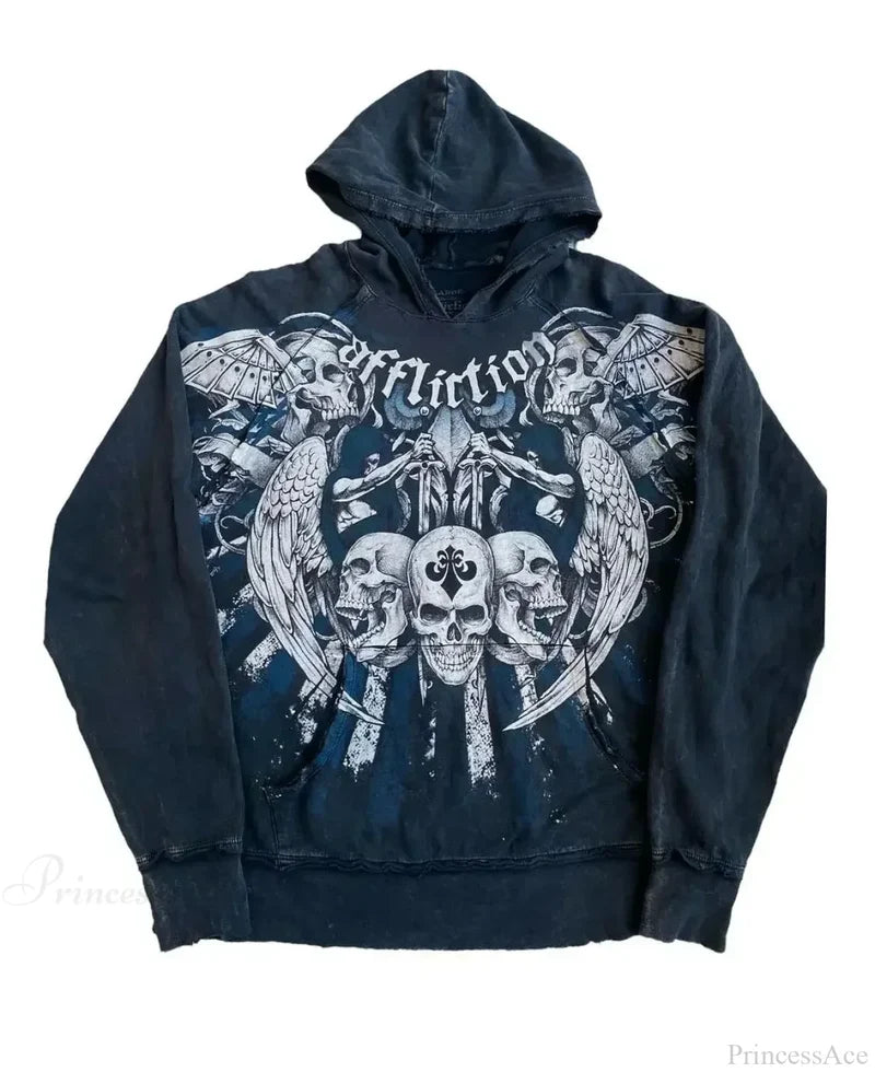 Skull Print Zipper Casual Hoodie black 5 / S
