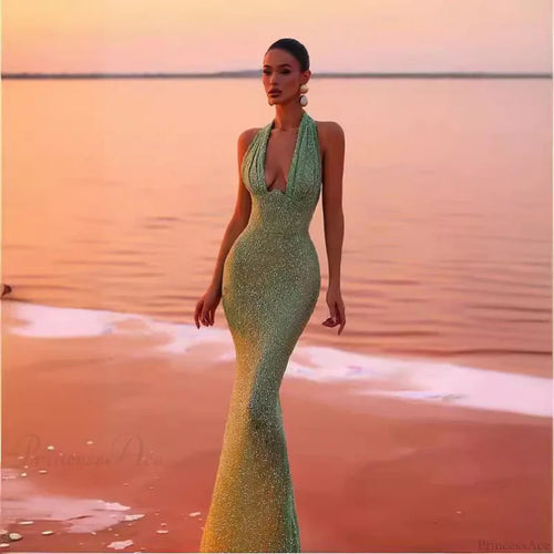 Sleeveless Halter Deep V Sequin Prom Dress promdress-250223