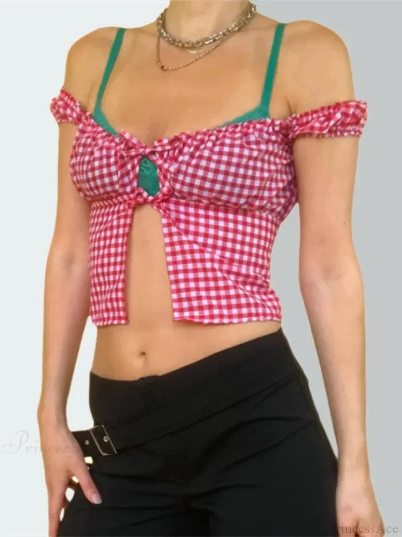 Sleeveless Plaid Square Neck Tie-up Blouse blouse-250126