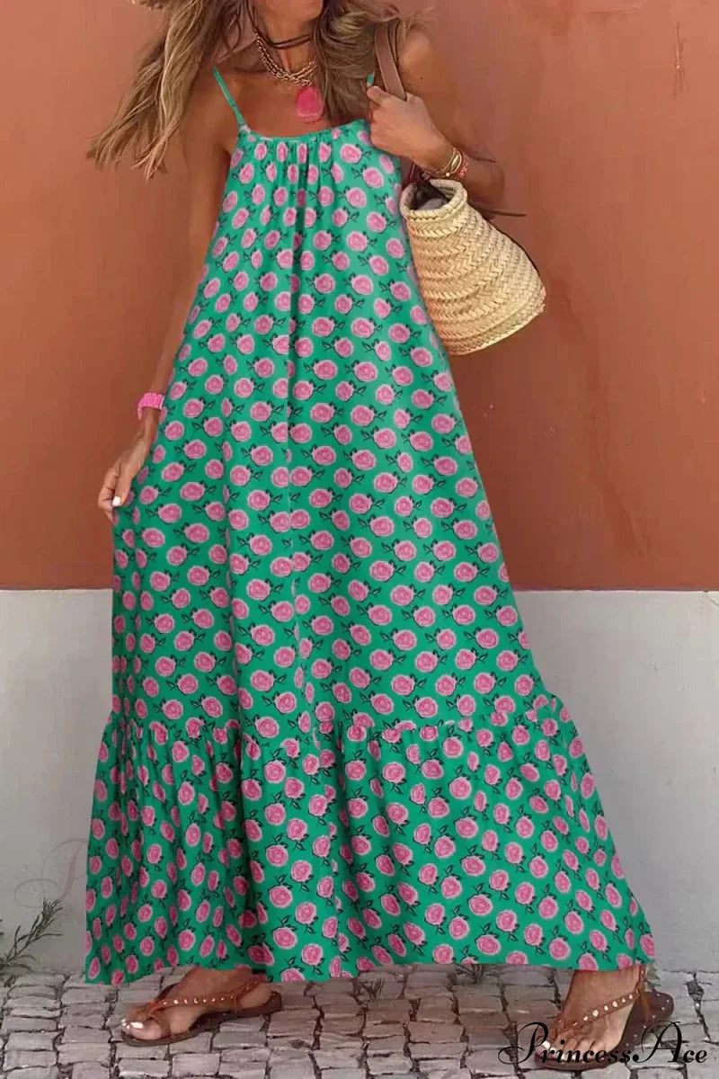 New Sleeveless Print Summer Spaghetti Strap Boho Dress Green / S