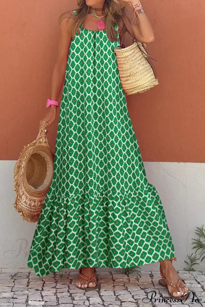 New Sleeveless Print Summer Spaghetti Strap Boho Dress Light Green / S