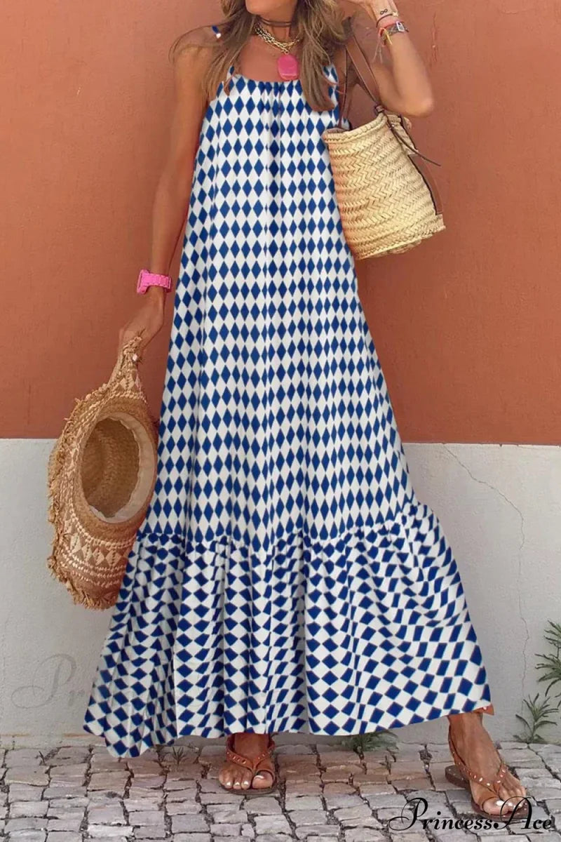 New Sleeveless Print Summer Spaghetti Strap Boho Dress Blue / S