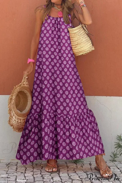 New Sleeveless Print Summer Spaghetti Strap Boho Dress Purple / S