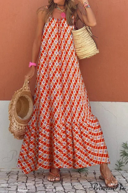 New Sleeveless Print Summer Spaghetti Strap Boho Dress Orange Red / S