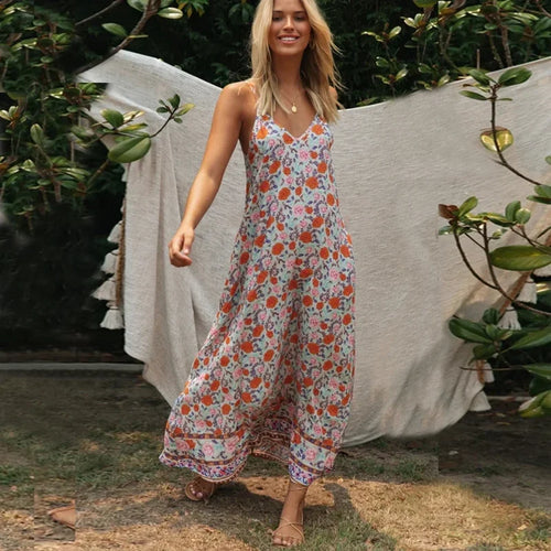 Sleeveless Strap Backless Deep V-neck Summer Dress orange / S bohodress-250126