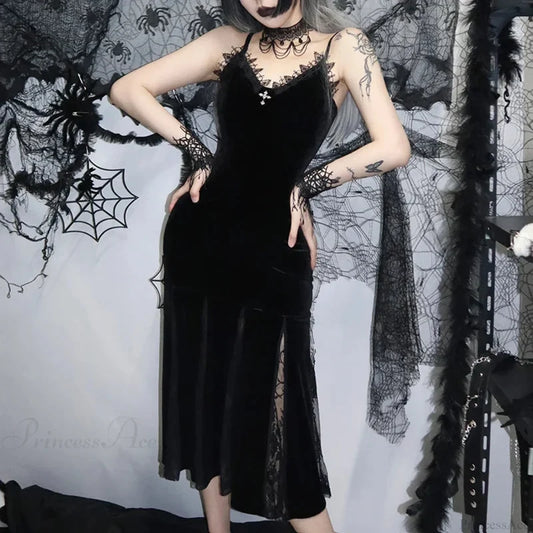 Sleeveless Velour Lace Patchwork Midi Dress Black / S