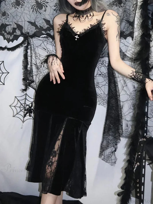 Sleeveless Velour Lace Patchwork Midi Dress Black / S