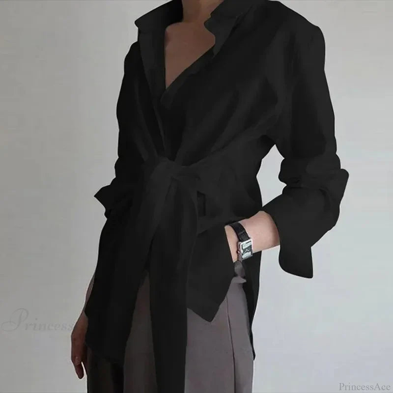Slim Button Ruched Lace-Up Blouse Black / S blouse-250223