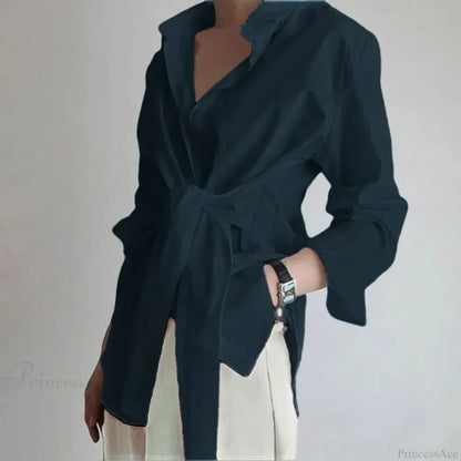 Slim Button Ruched Lace-Up Blouse Blue / S blouse-250223