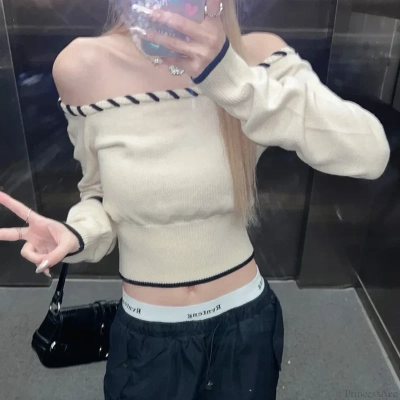 Slim Fit Korean Off-Shoulder Knitted Boat Neck Knit Top WHITE / One Size knittop-250126