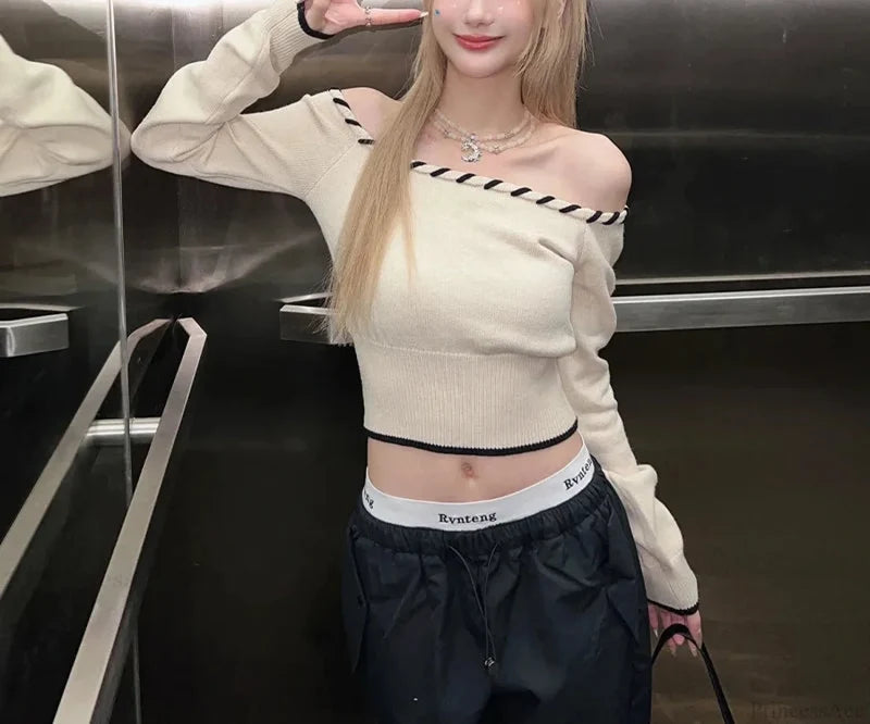 Slim Fit Korean Off-Shoulder Knitted Boat Neck Knit Top WHITE / One Size knittop-250126