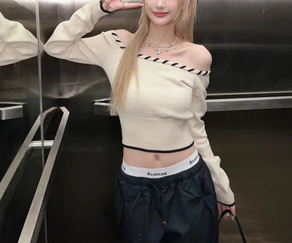 Slim Fit Korean Off-Shoulder Knitted Boat Neck Knit Top WHITE / One Size knittop-250126