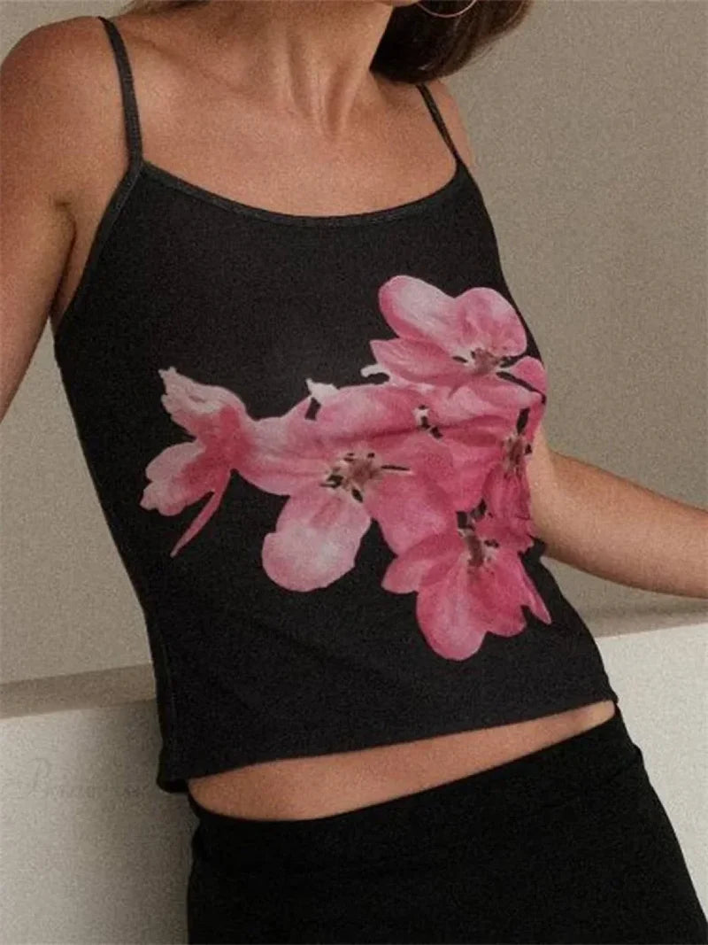 Slim Flower Print Spaghetti Strap Crop Top BLACK / S croptop-250126