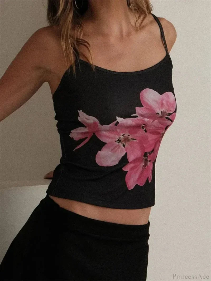 Slim Flower Print Spaghetti Strap Crop Top croptop-250126