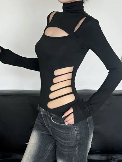 Slim Hollow Out Turtleneck Solid Long Sleeve Knit Top knittop-250126