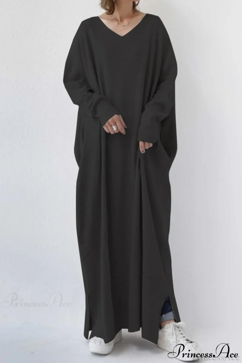 V Neck Sweatshirt Dress With Slit Hem Black / S Midi Dresses