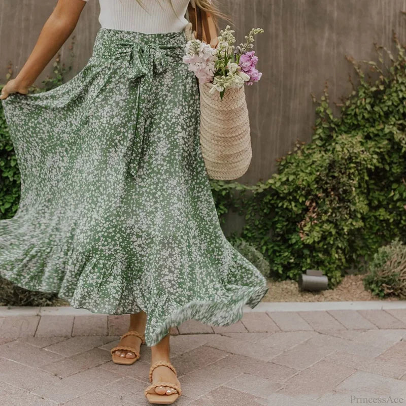 Small Floral Ruffle Korean Style High Waist Swing Long Skirt skirt-250126