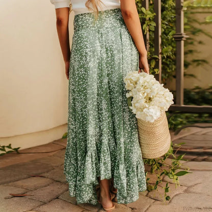 Small Floral Ruffle Korean Style High Waist Swing Long Skirt skirt-250126