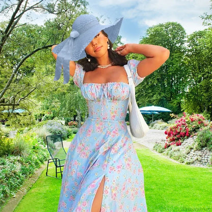 Small Fresh Floral Slim Fit Slit Camisole Floral Dress Lake Blue / S floraldress-250126