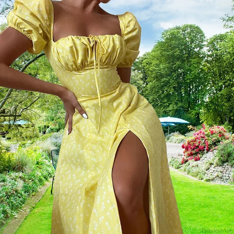Small Fresh Floral Slim Fit Slit Camisole Floral Dress Yellow / S floraldress-250126