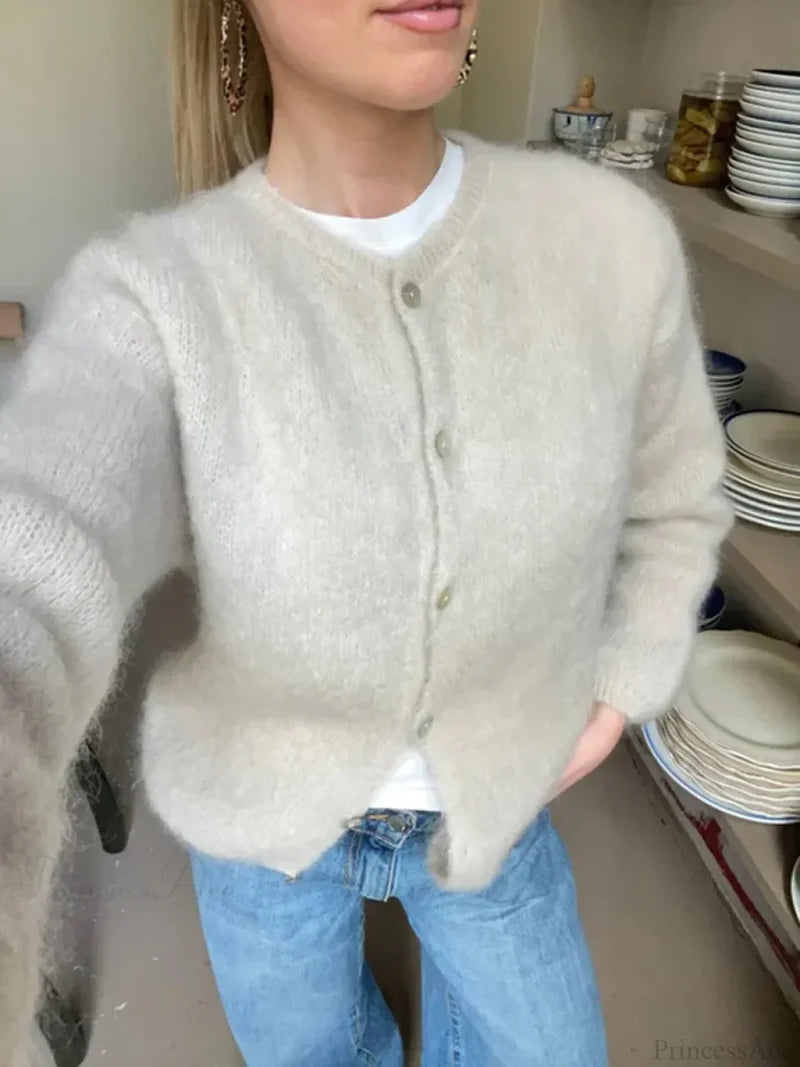 Solid Color Button-Down Long Sleeve Cardigan white / S