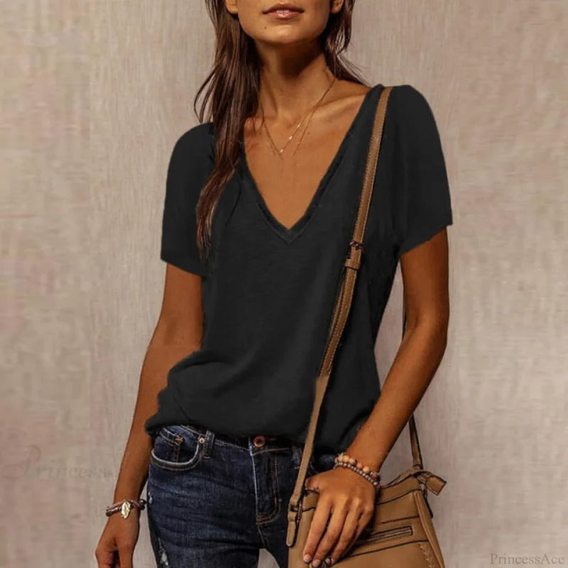 Neck Top Plus Women’s - T-Shirt Warm-Season Loose V Arm Patchwork Brief Size Black / S